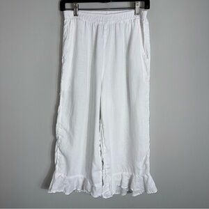 Match Point 100% Linen Cropped Wide Leg Pants-Ruffle-Elastic Waist-White-Small